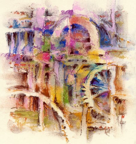 Abstract painting with colored pastels on paper